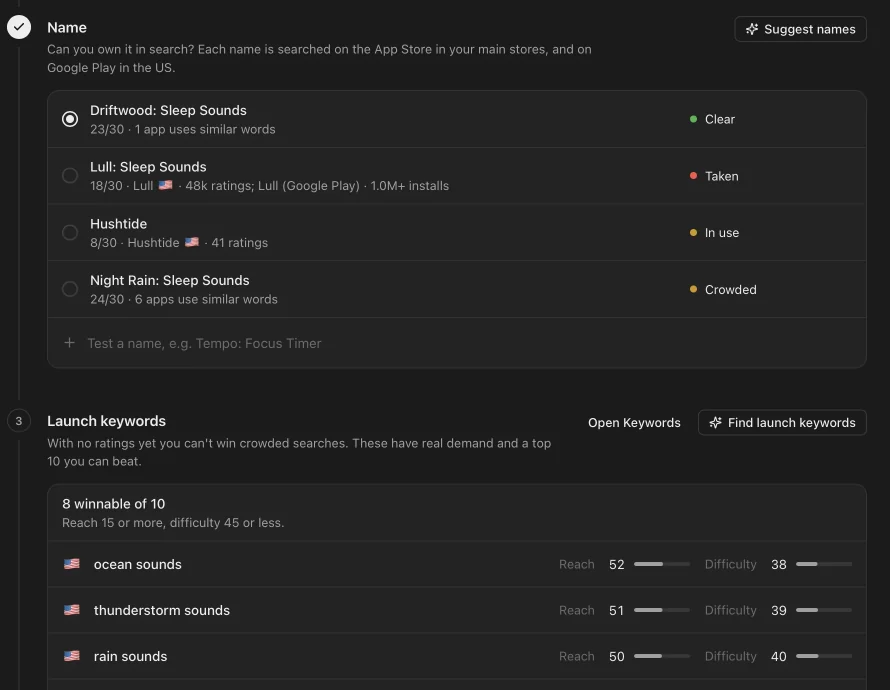 Launch plan for Driftwood: four names checked (clear, taken, in use, crowded) and 8 winnable launch keywords.