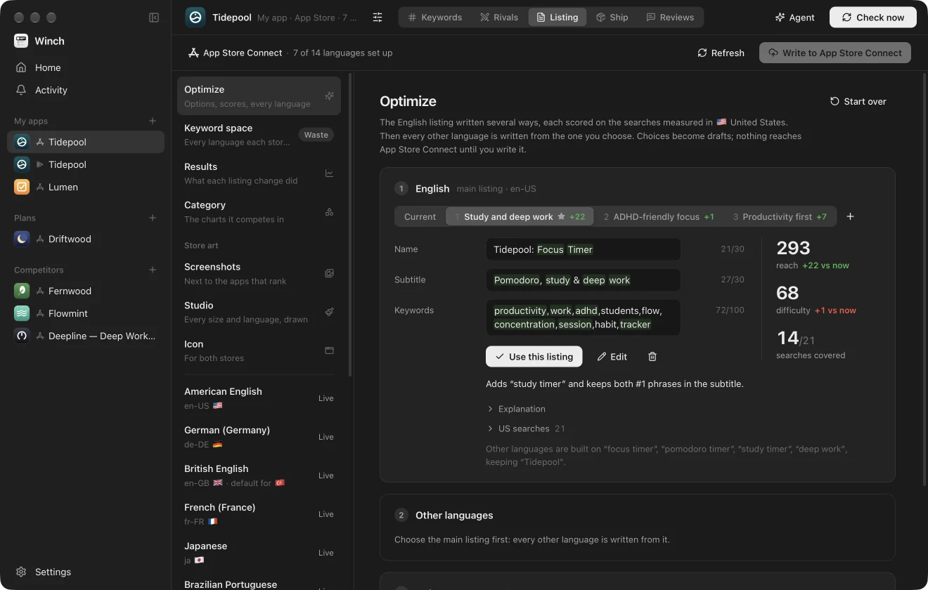 Optimize for Tidepool: three options for the main listing; the recommended “Study and deep work” adds 23 reach for one point of difficulty and covers 14 of 21 searches.