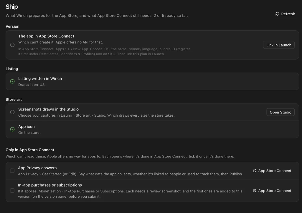 Ship: Driftwood’s checklist, with the listing and icon done and the screenshots still to draw.